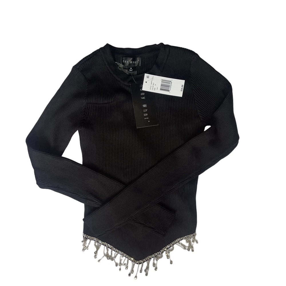 NWT Women's Say What Size Medium Black Ribbed Long Sleeve Top with Silver Charms